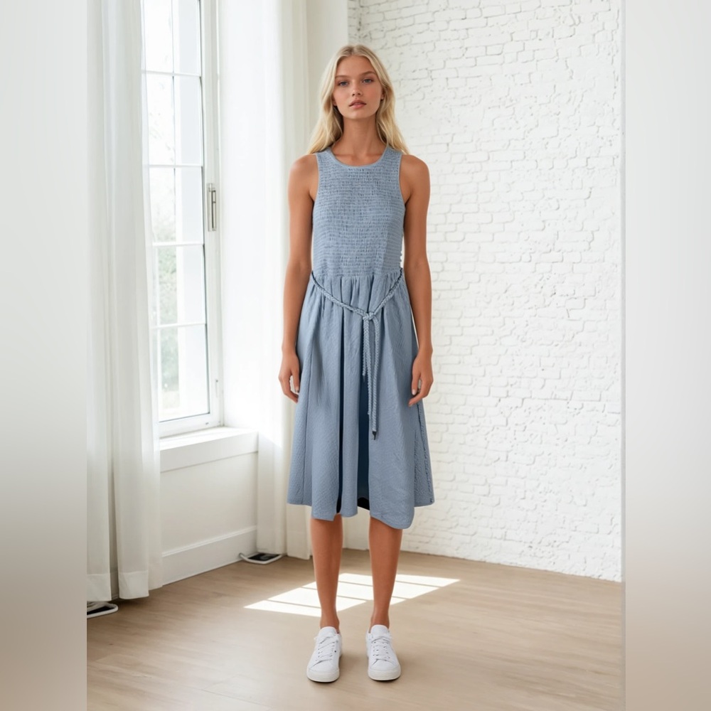 Michael Kors Blue Smocked‎ Sundress Midi Sleeveless Halter